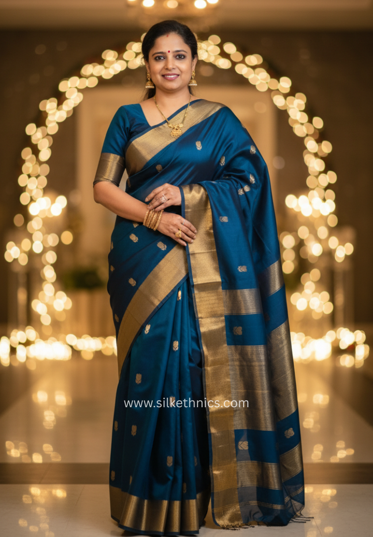 Teal Blue Maheshwari Pure Handloom Silk saree
