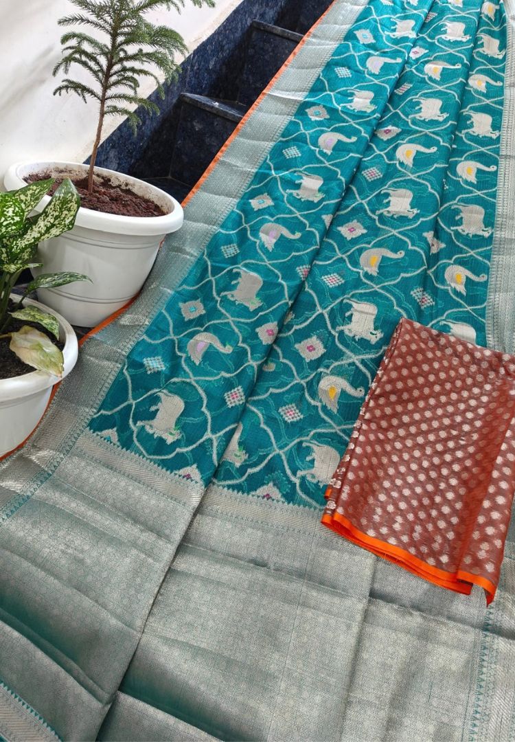 Teal Blue Pichwai Kota silk saree with zari pallu and orange edged border