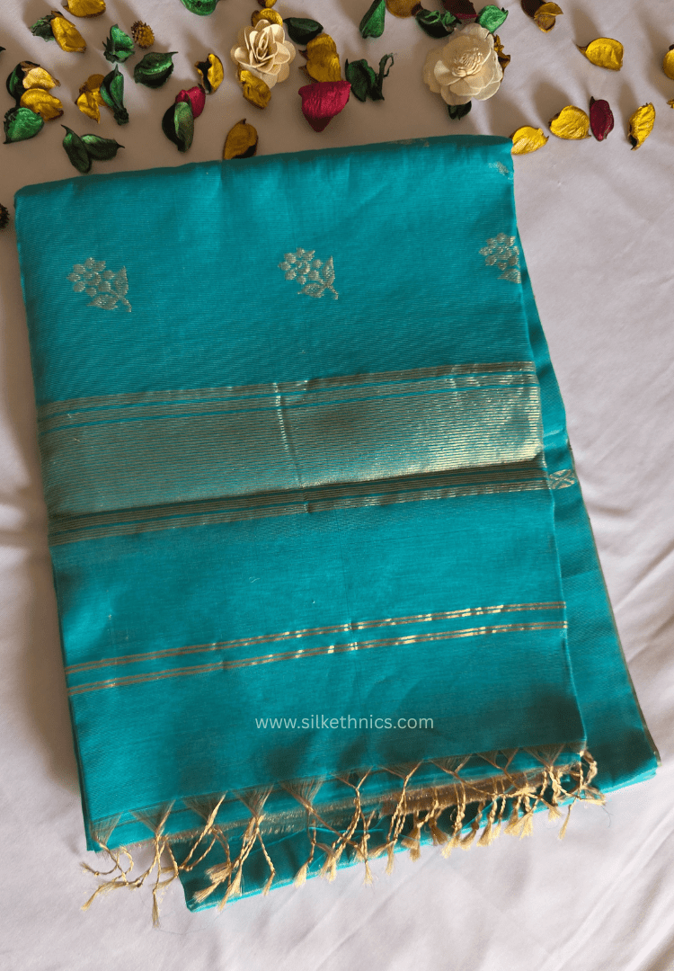 Turquoise Blue Pure Maheshwari tissue Silk saree