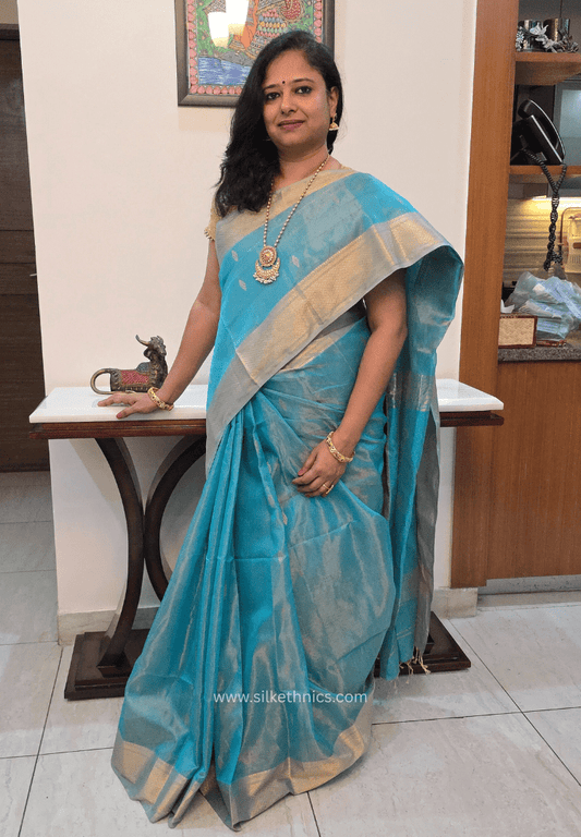 Turquoise Blue Pure Maheshwari tissue Silk saree