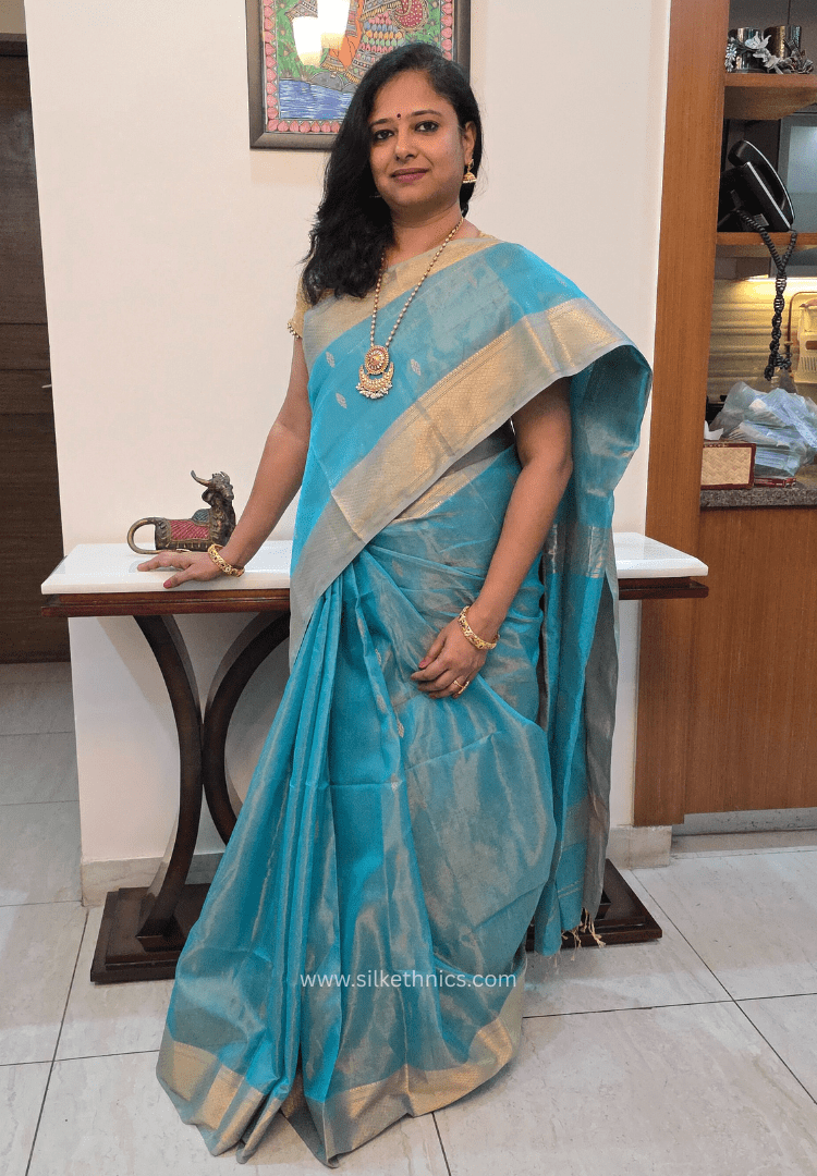 Turquoise Blue Pure Maheshwari tissue Silk saree