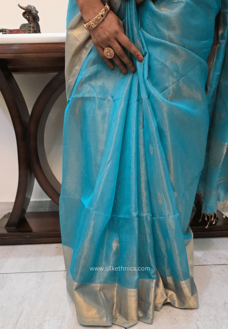 Turquoise Blue Pure Maheshwari tissue Silk saree