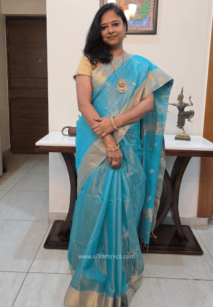Turquoise Blue Pure Maheshwari tissue Silk saree