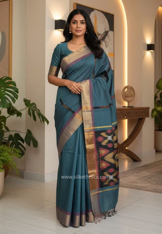Teal Blue Pochampally printed silkcotton saree