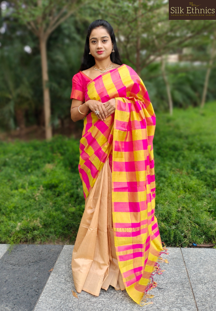 Warm beige and pink Tripurasilk half and half saree