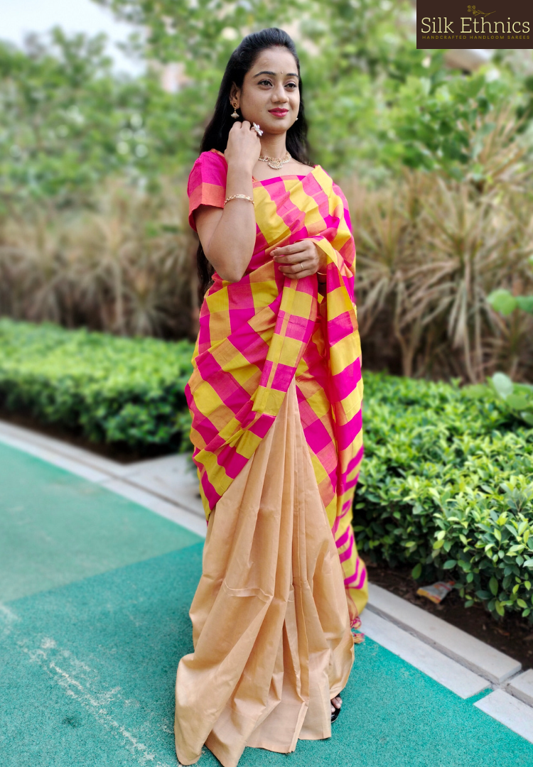 Warm beige and pink Tripurasilk half and half saree