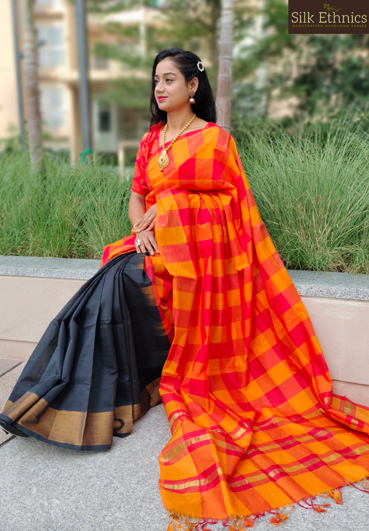 Classic black with orange Tripurasilk saree