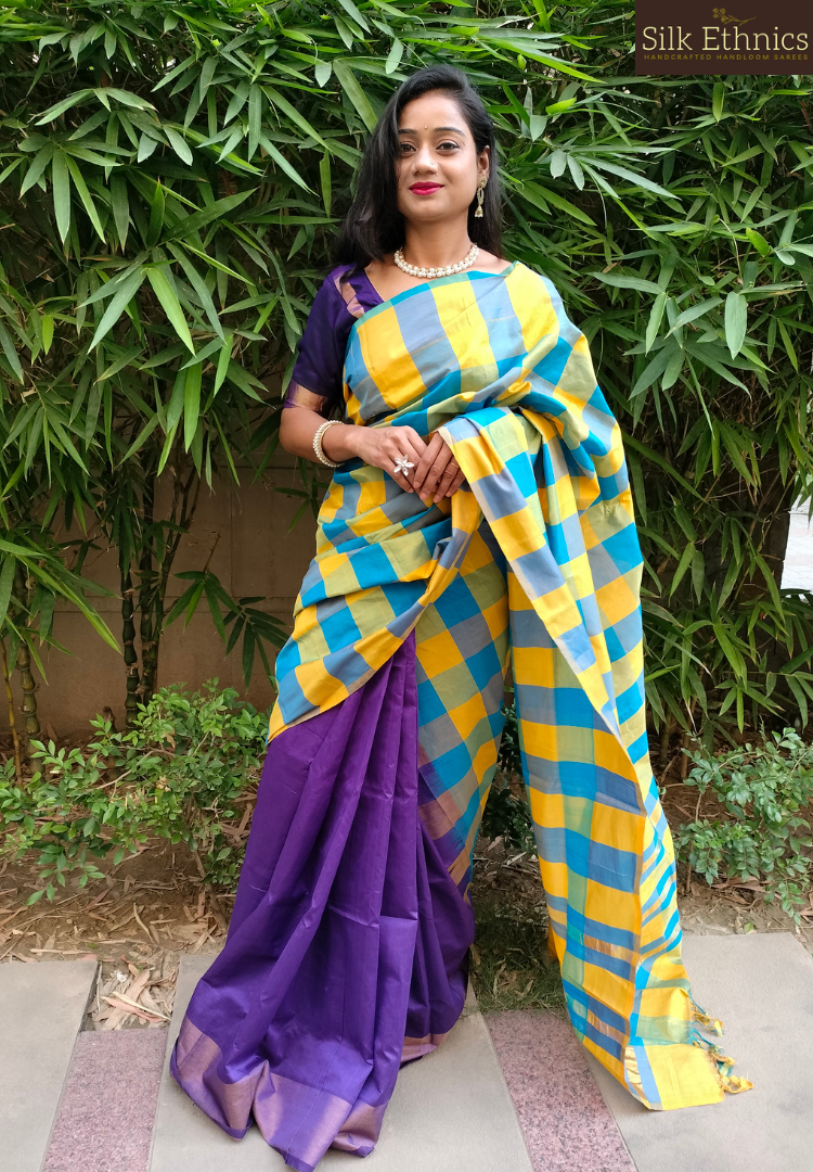 Deep Purple and yellow Tripurasilk saree