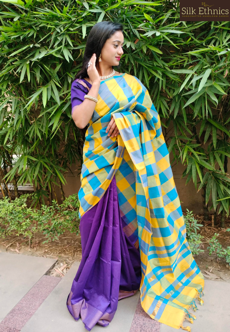 Deep Purple and yellow Tripurasilk saree