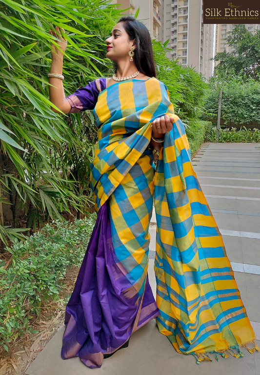 Deep Purple and yellow Tripurasilk saree