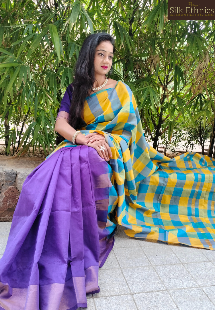 Deep Purple and yellow Tripurasilk saree