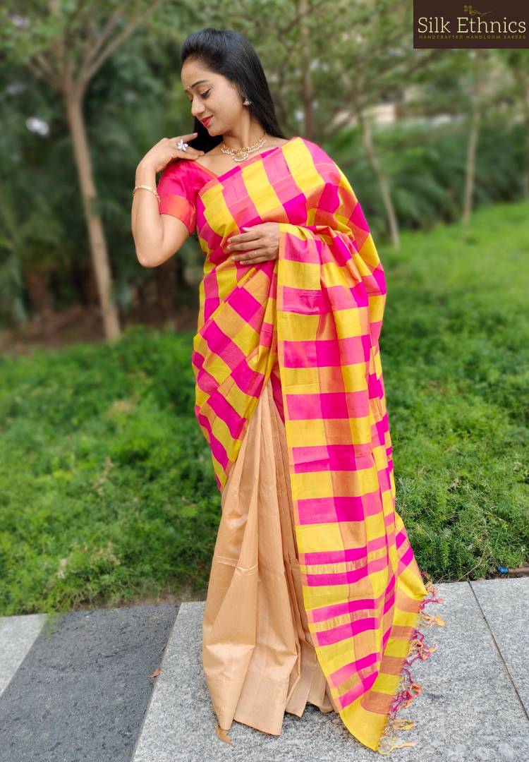 Warm beige and pink Tripurasilk half and half saree