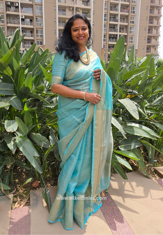 Turquoise Tissue Linen Samaira Handloom Saree