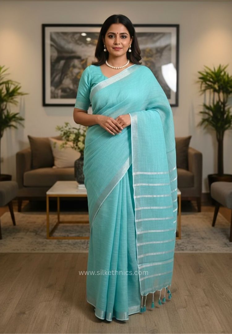 Soft Turquoise Meera Linen handloom saree