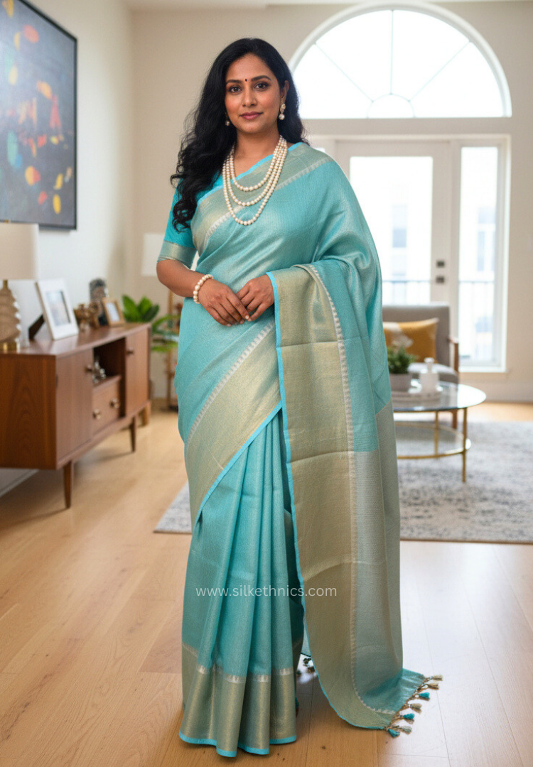 Turquoise Tissue Linen Samaira Handloom Saree