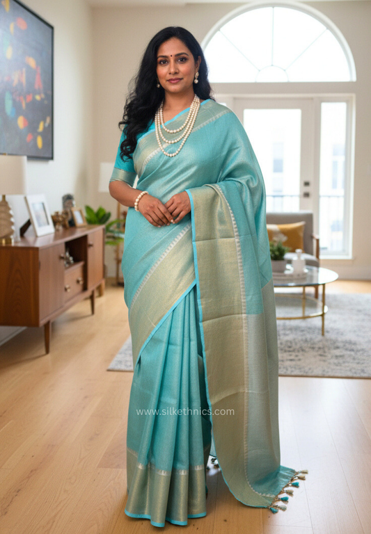 Turquoise Tissue Linen Samaira Handloom Saree