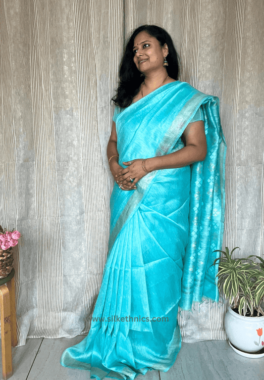 Aqua Blue linen silk saree