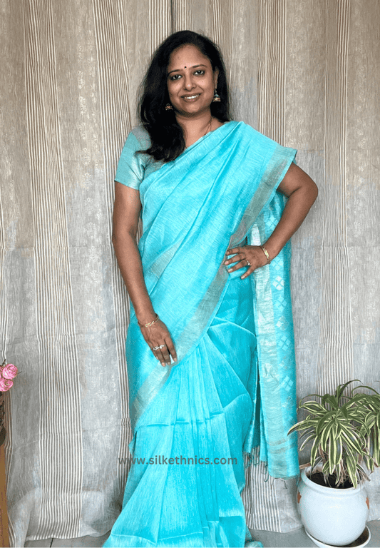 Aqua Blue linen silk saree