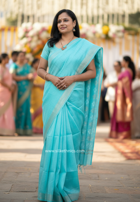 Aqua Blue linen silk saree