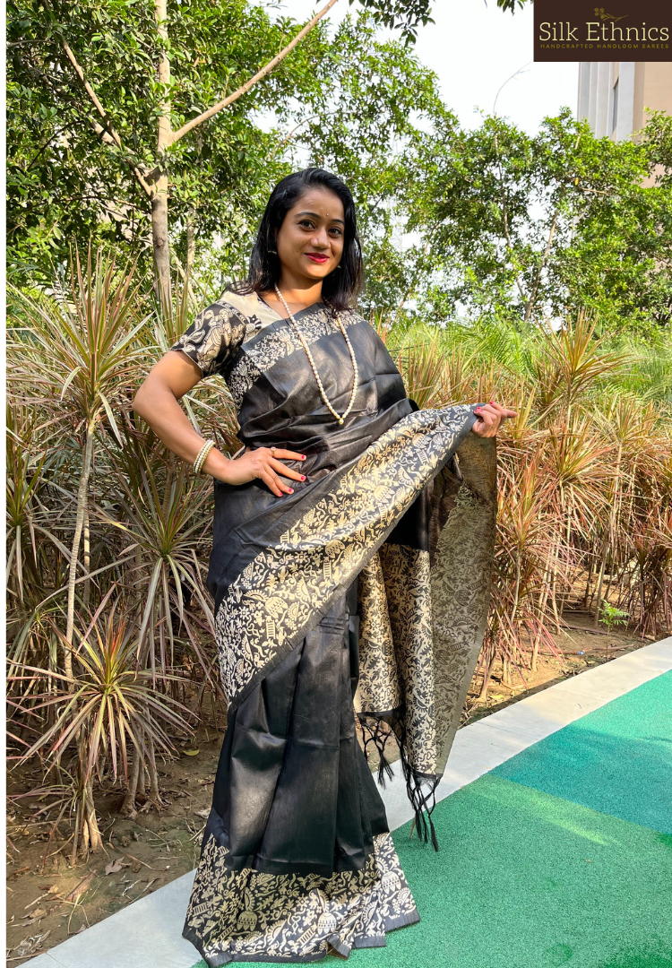 Black handloom tussar silk saree