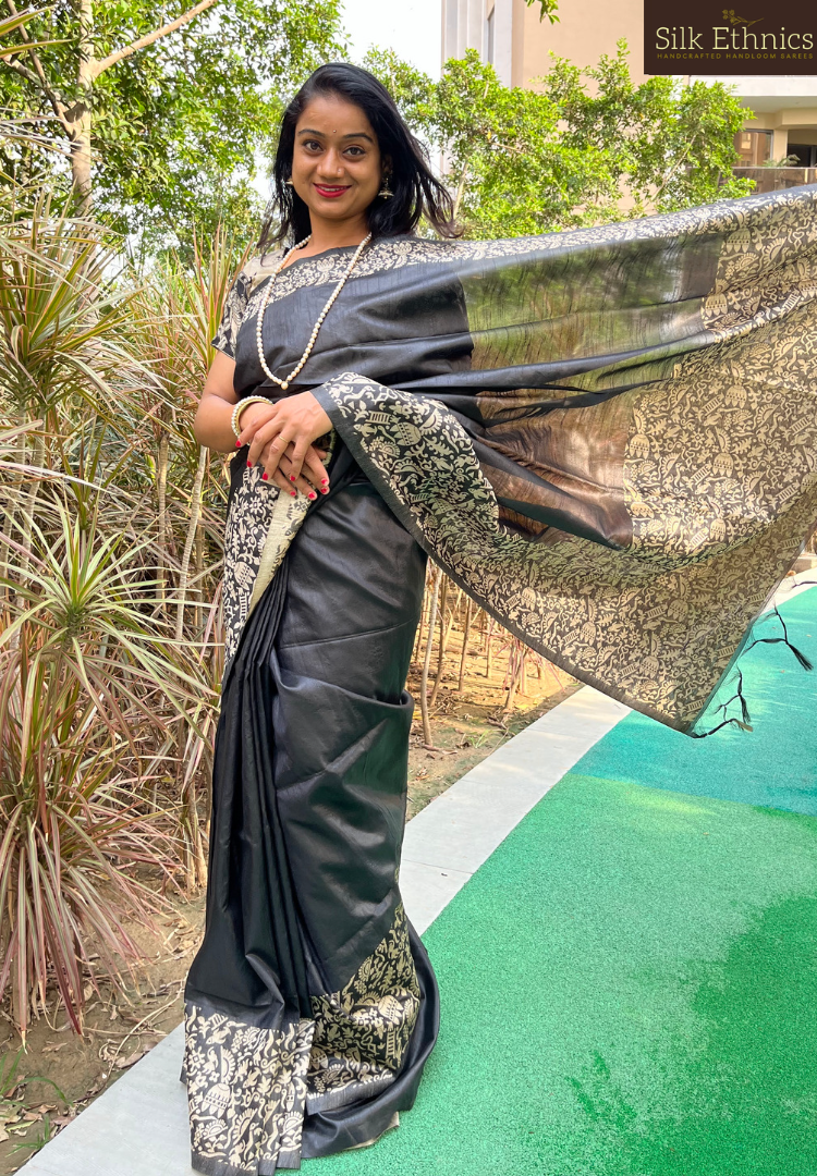 Black handloom tussar silk saree