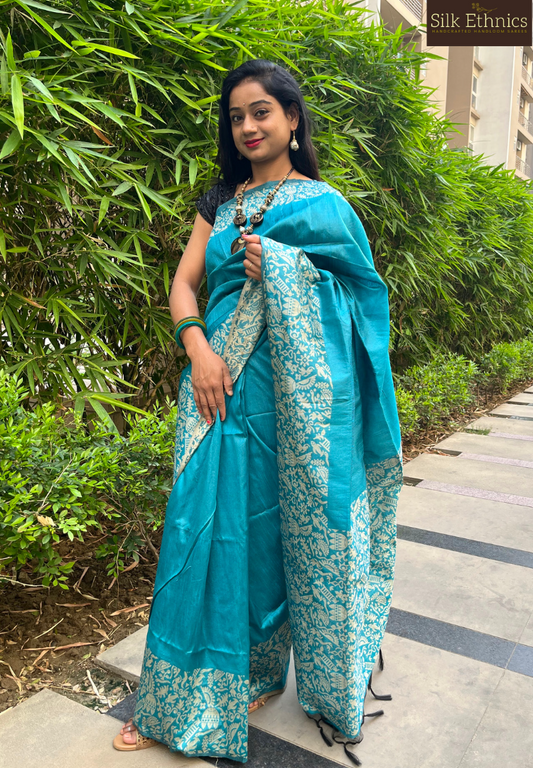 Turquoise blue Tussar silk saree