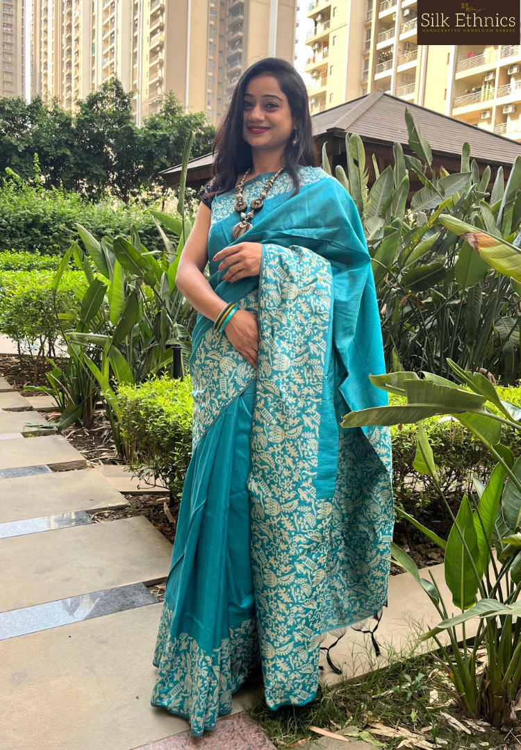 Turquoise blue Tussar silk saree