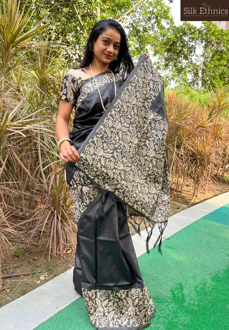 Black handloom tussar silk saree