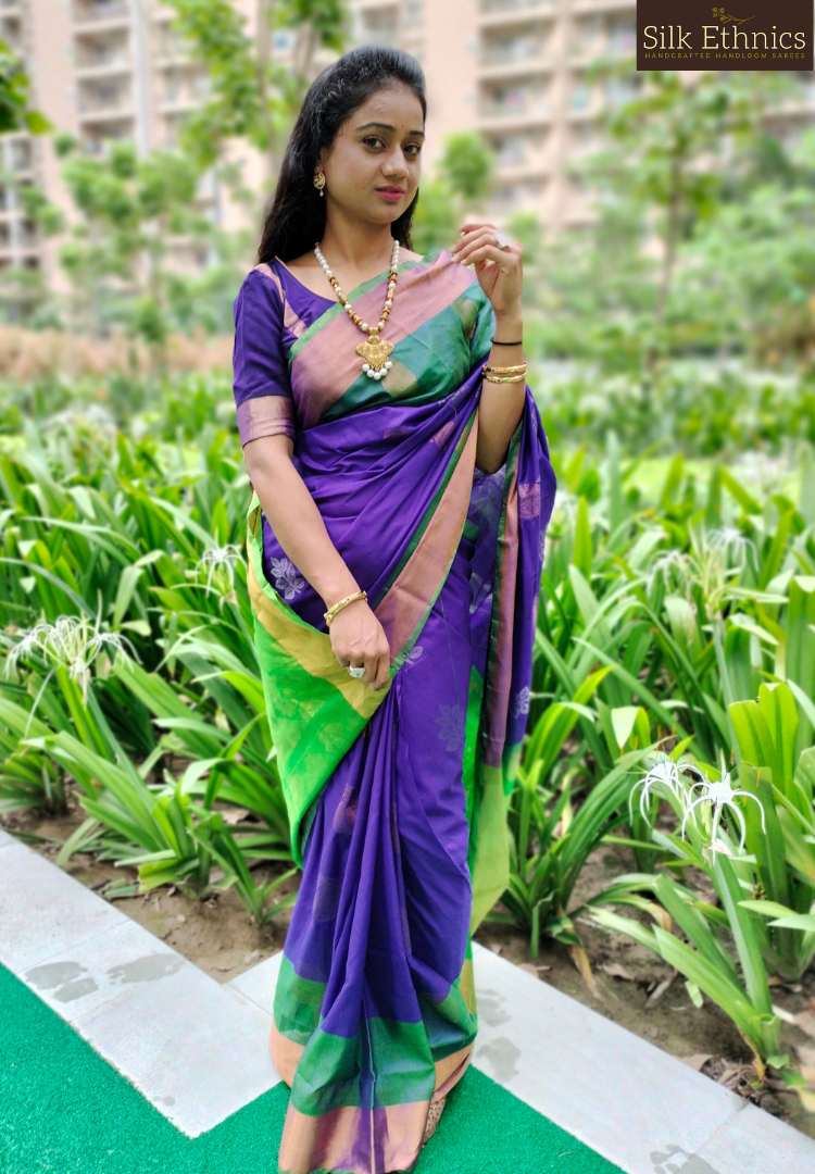 Royal blue and green Paarijatam silk saree