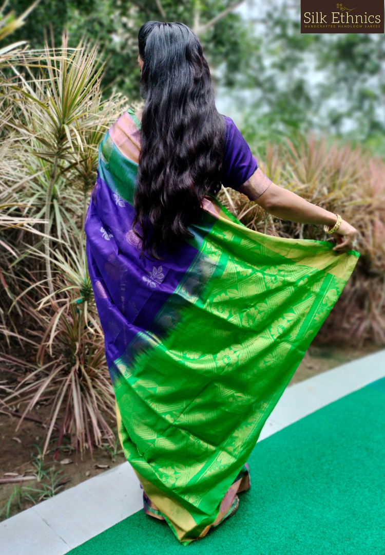 Royal blue and green Paarijatam silk saree