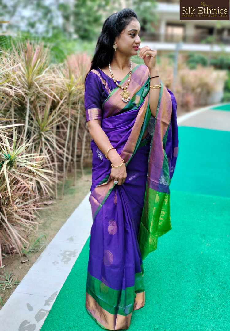 Royal blue and green Paarijatam silk saree