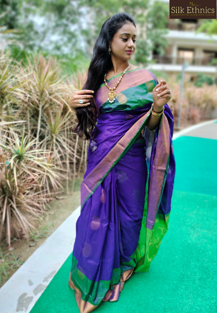 Royal blue and green Paarijatam silk saree