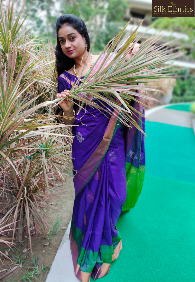 Royal blue and green Paarijatam silk saree