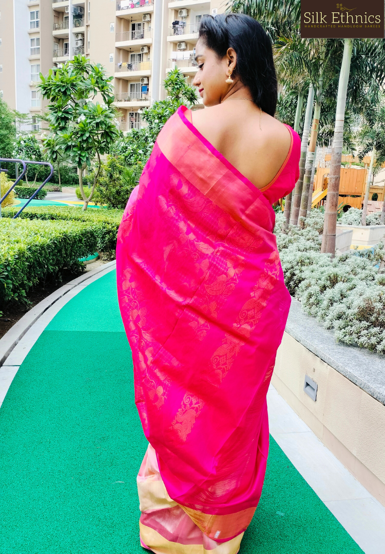 Pearl white and pink Paarijatam silk saree