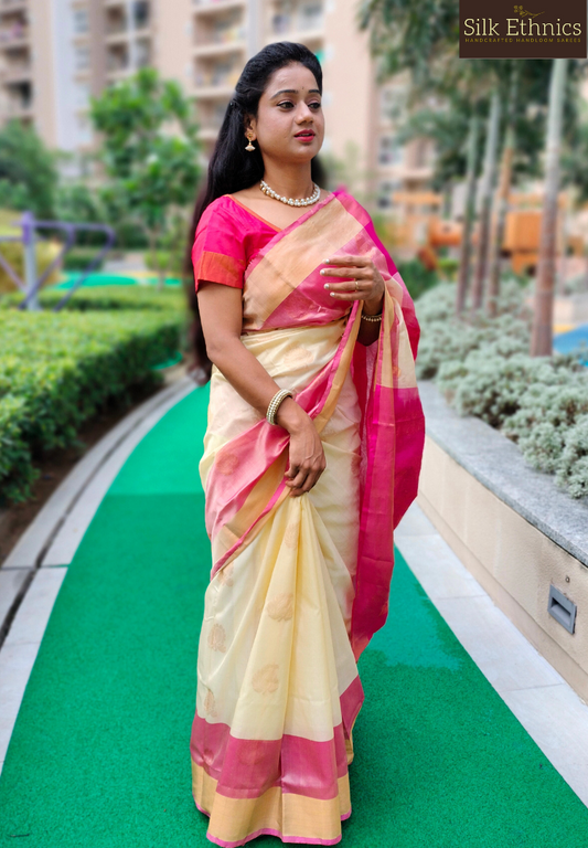 Pearl white and pink Paarijatam silk saree