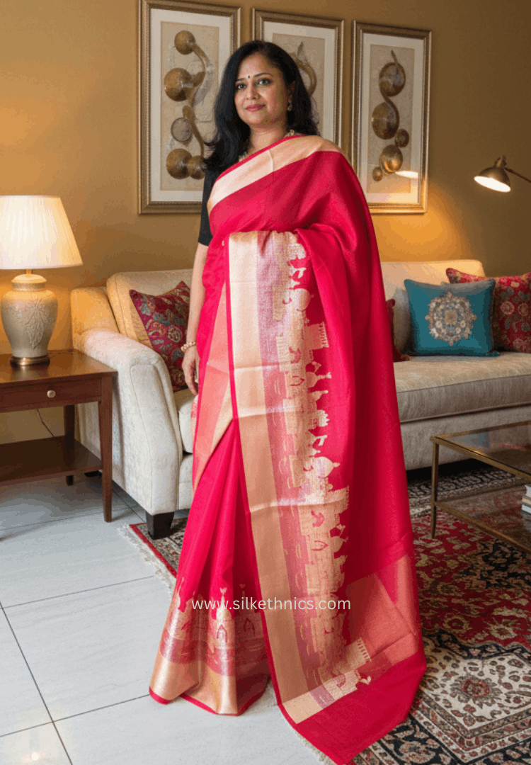 Classic red Ganga Ghat Banarasi silk saree