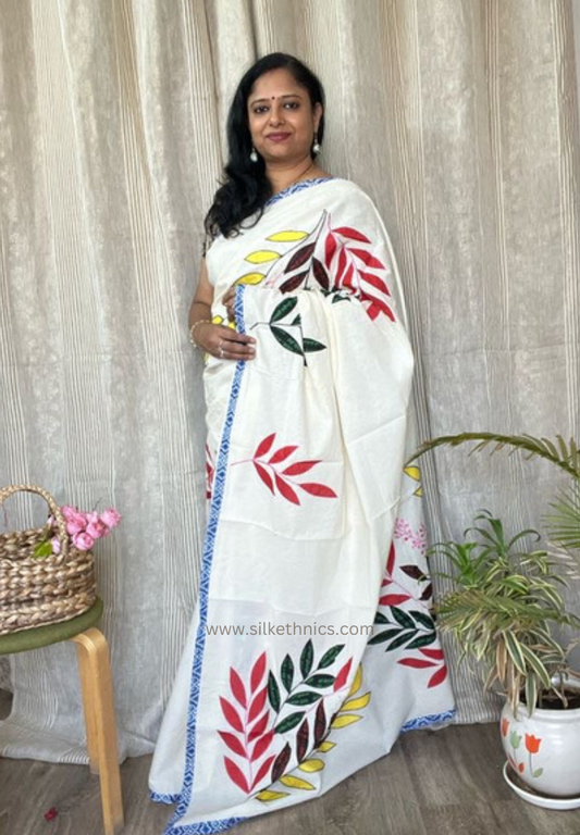 Ivory designer appliqué work cotton saree