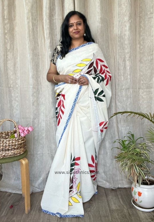 Ivory designer appliqué work cotton saree