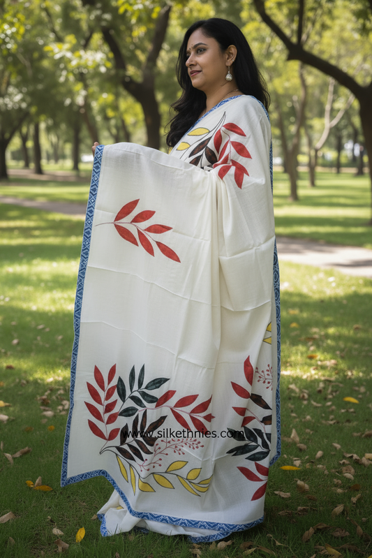 Ivory designer appliqué work cotton saree