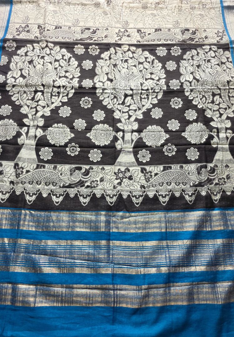 Rich White Kalamkari hand block printed modal cotton saree