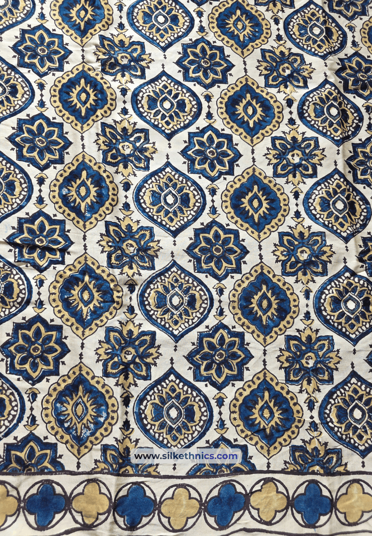 Ivory and Blue Ajrakh handblock printed modal saree