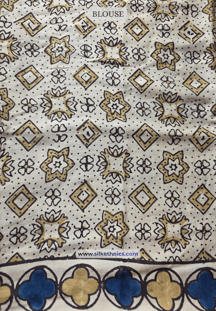 Ivory and Blue Ajrakh handblock printed modal saree