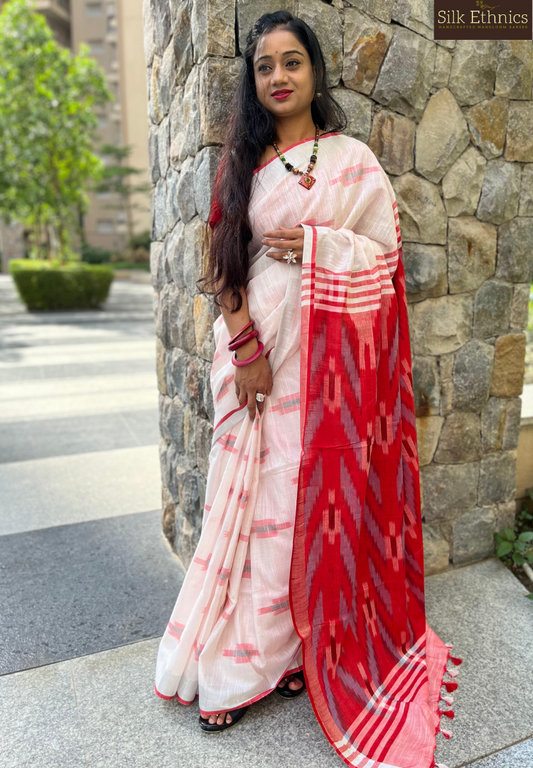 White and red linen ikkat weaving saree