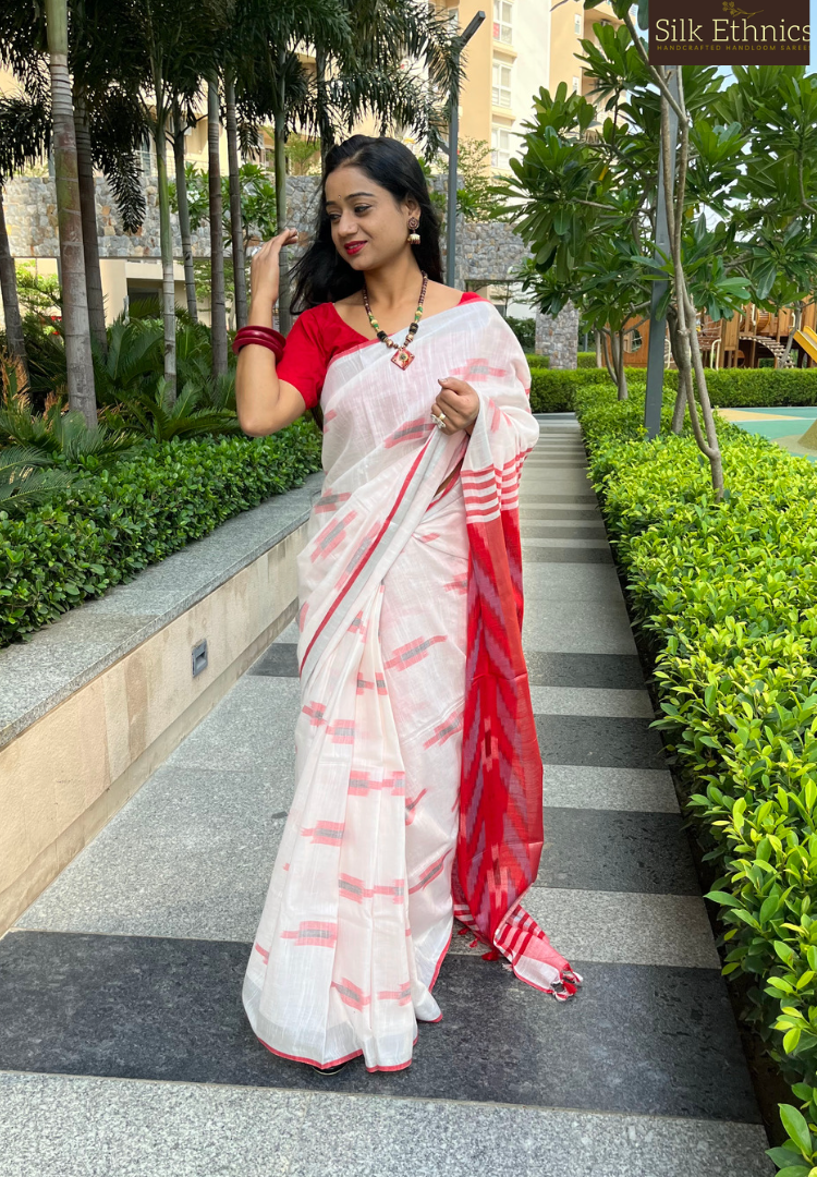 White and red linen ikkat weaving saree