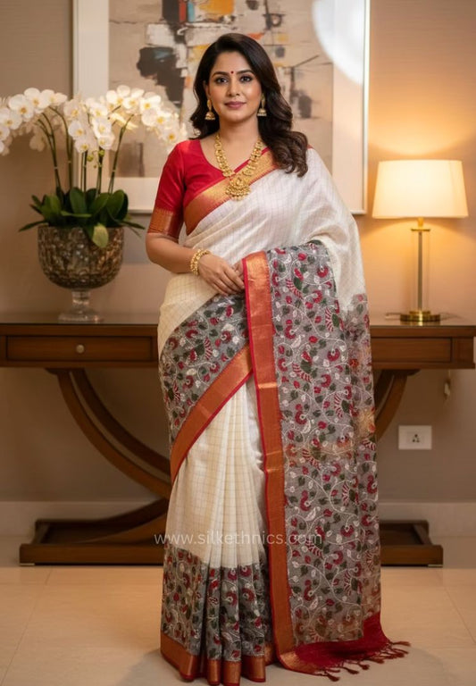 Pearl White & Red Kalamkari silk saree