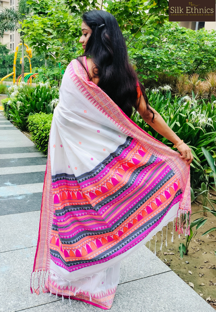 Creamish white khadi weaving saree