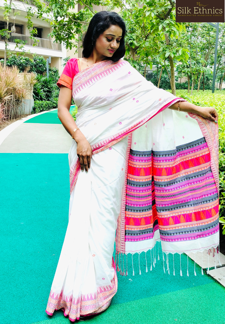 Creamish white khadi weaving saree