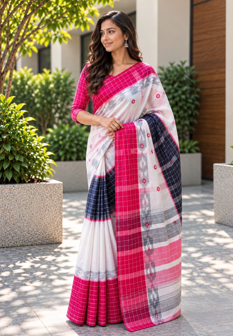 Woman wearing a red and white Ikkat Dhaniakhali handloom cotton saree - Silk Ethnics