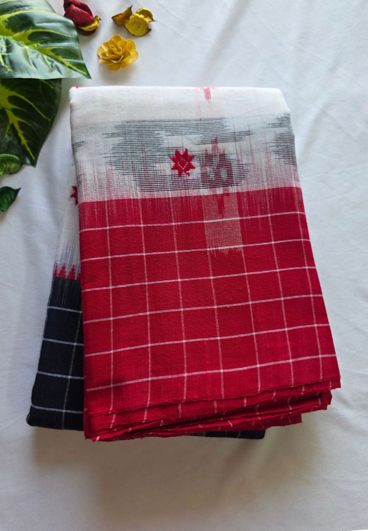 Red and white Dhaniakhali handloom cotton saree with Ikkat weaving, full view