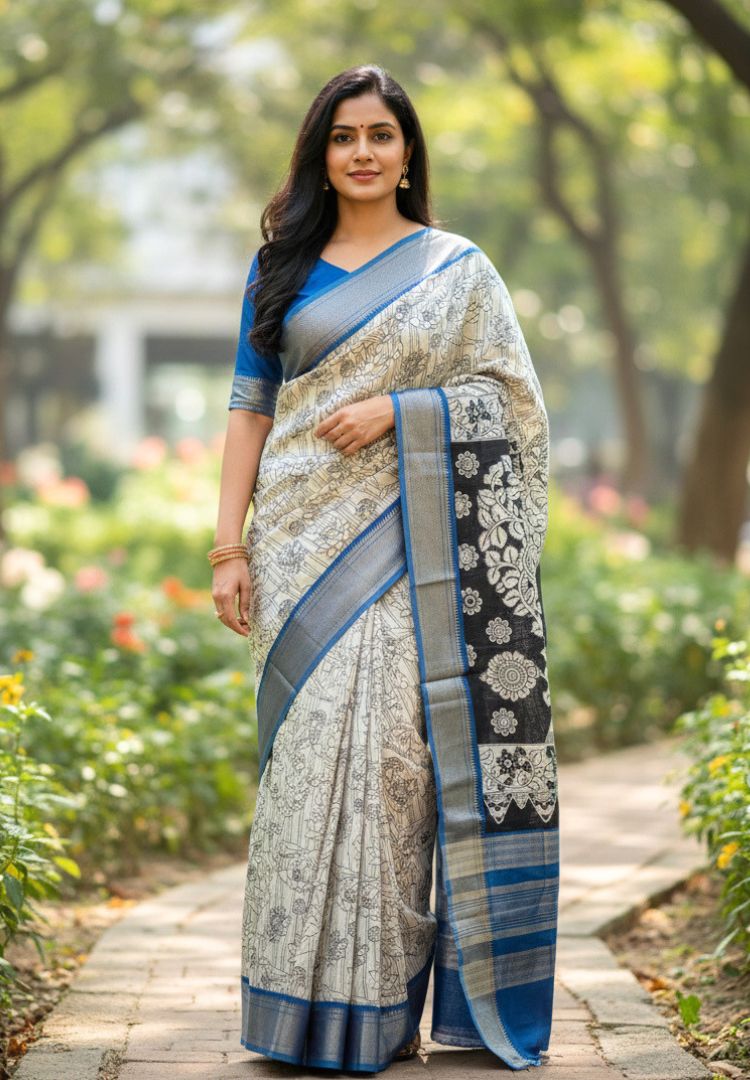 Rich White Kalamkari hand block printed modal cotton saree